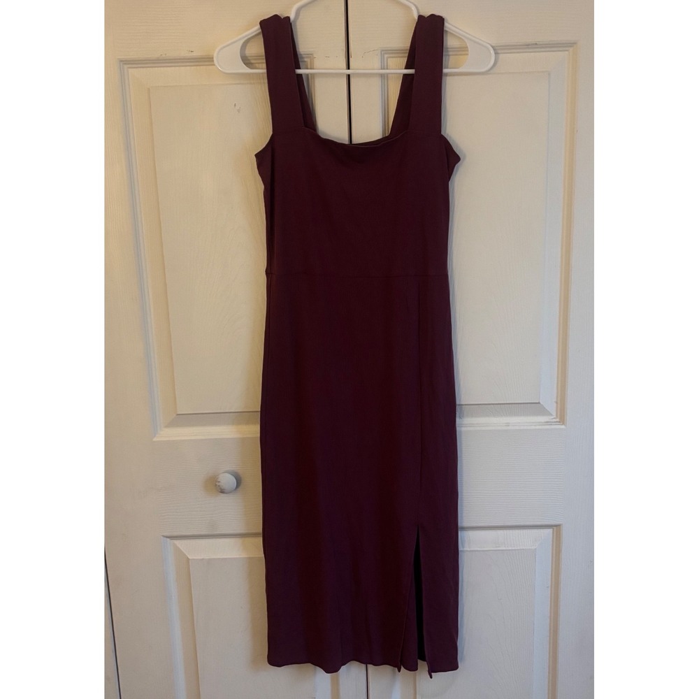 Quince Maroon(plum)Midi Dress with Square Neck, Side Slit